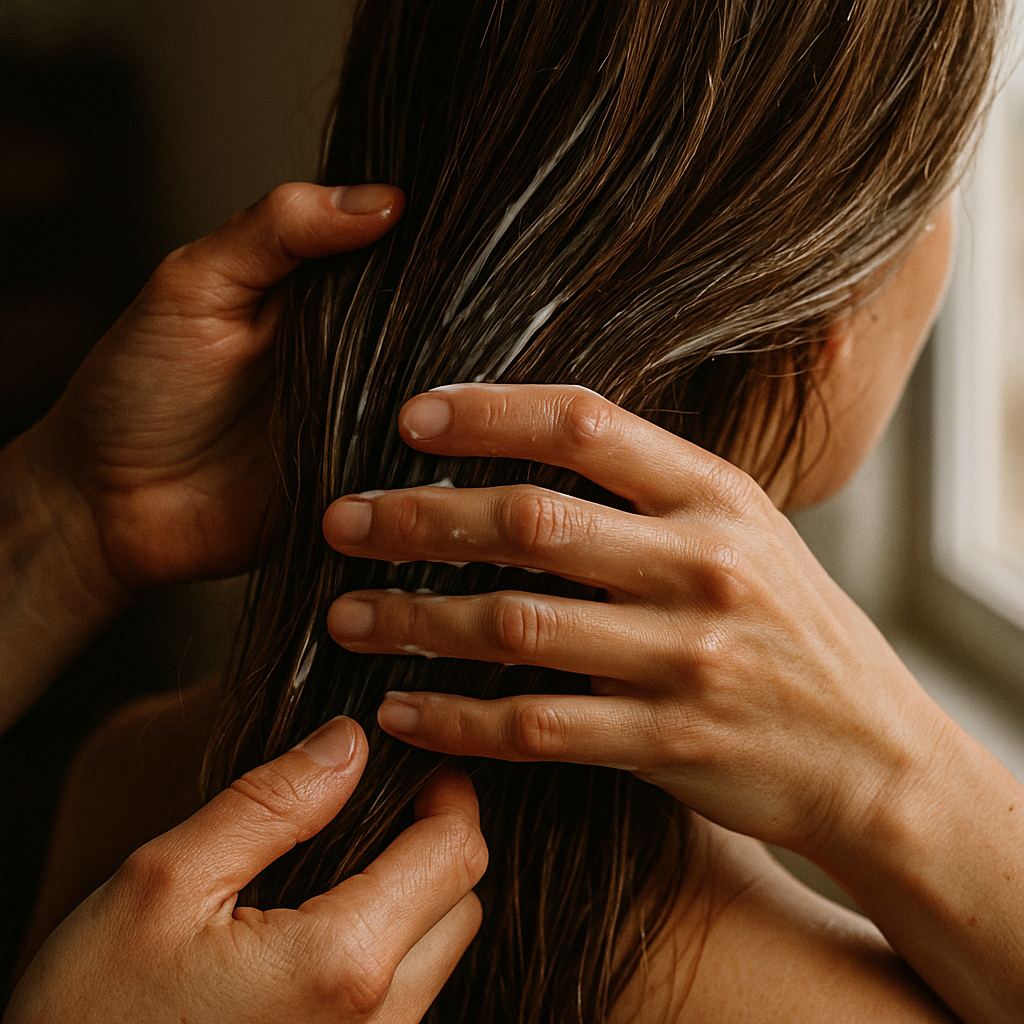 Mani che massaggiano la maschera sulle lunghezze dei capelli