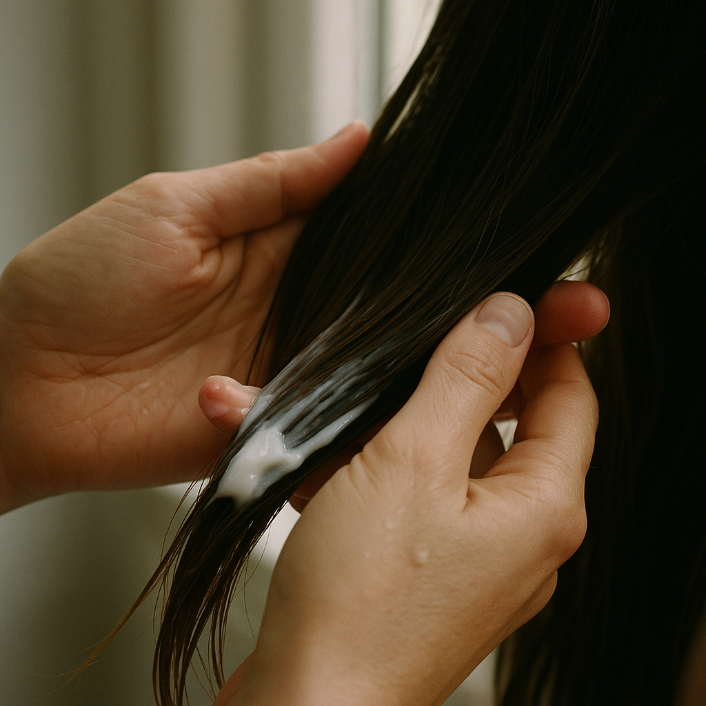Mani che applicano balsamo sulle lunghezze dei capelli