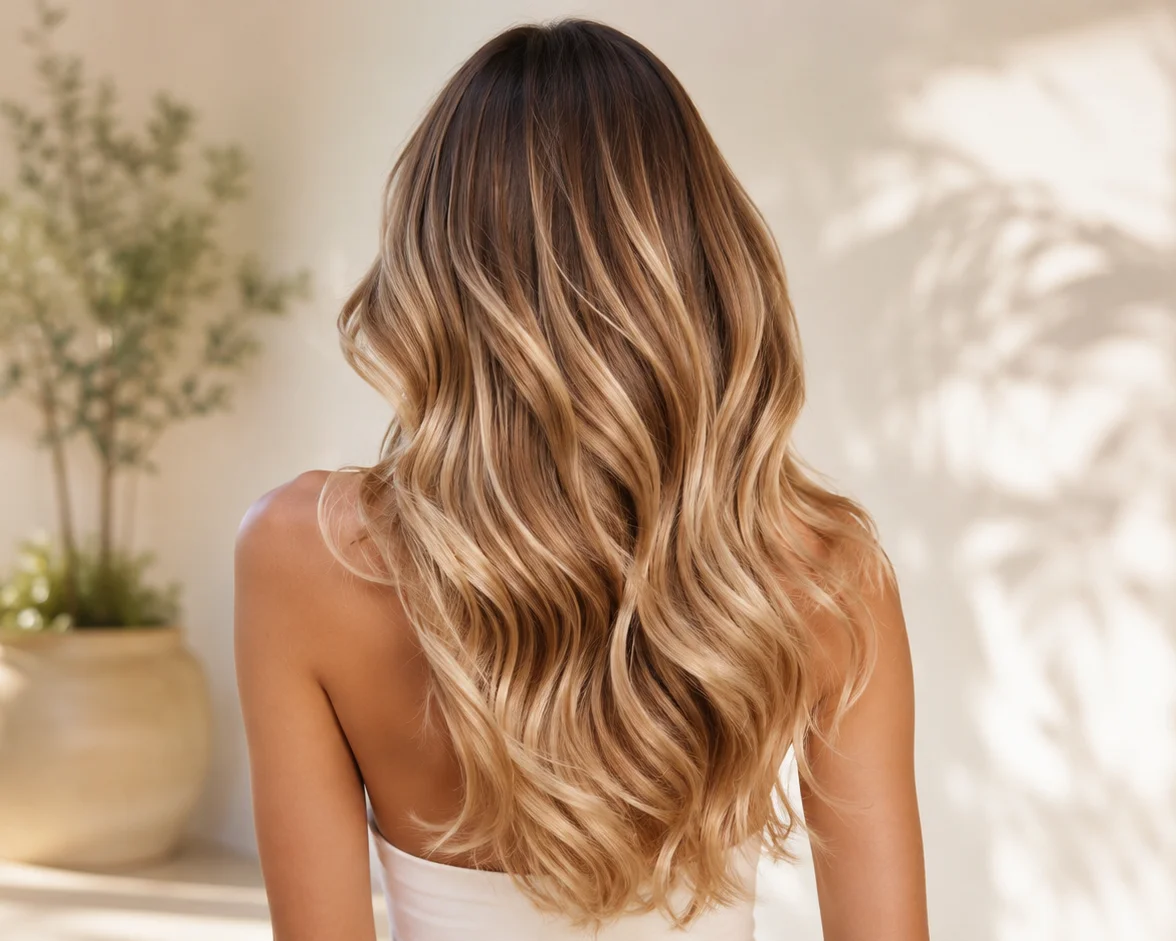 Tendenze colore autunno: sfumature calde miele su capelli lunghi ondulati